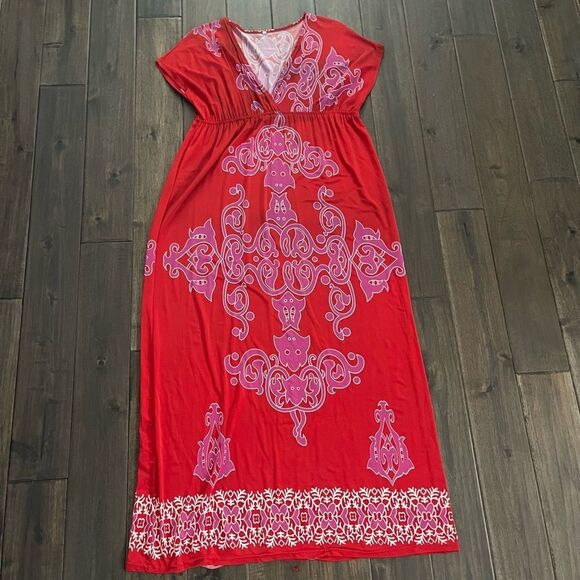 Red and Pink Patterned Maxi Dress M/L (tag missing) - Picture 1 of 4